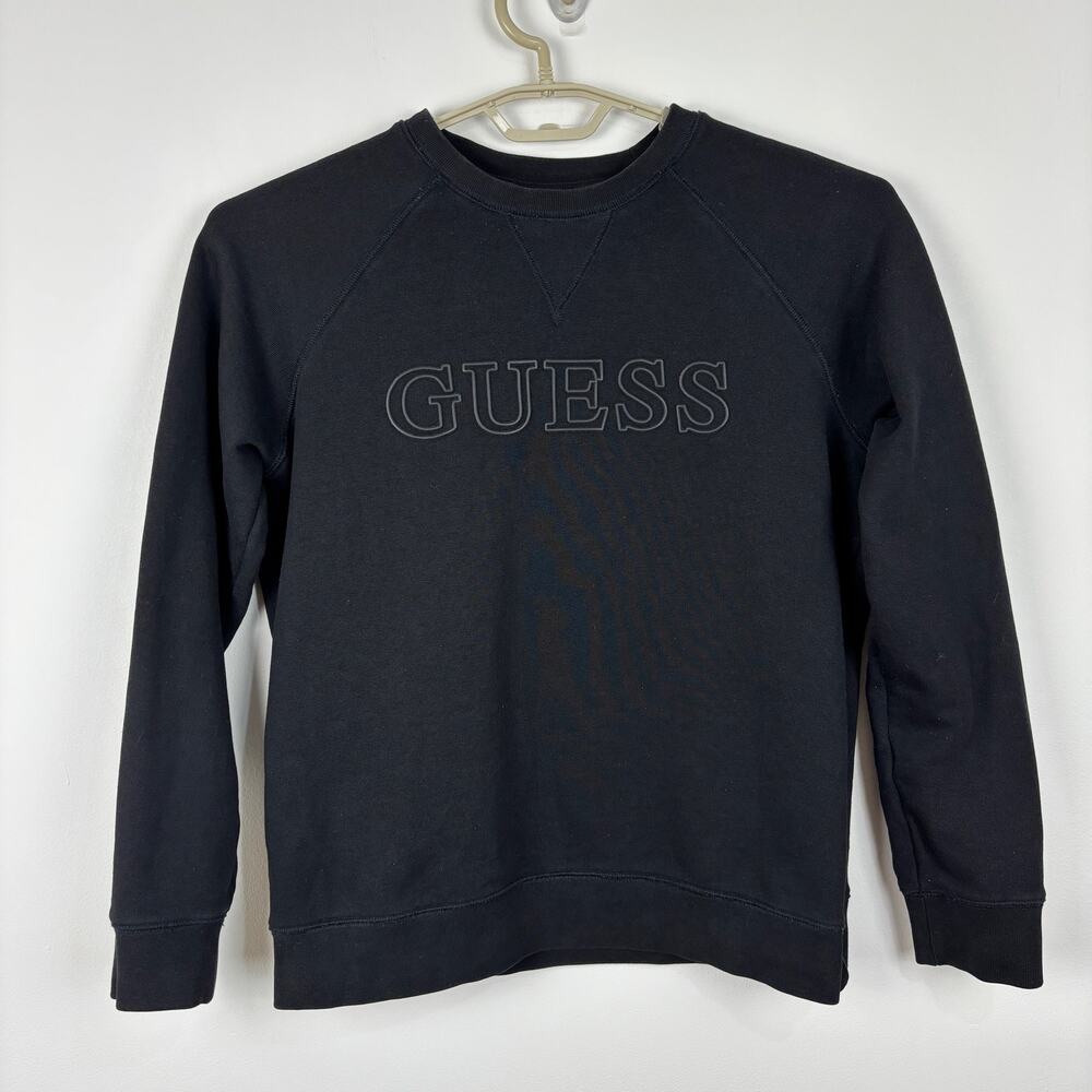 GUESS Black Crewneck Sweatshirt Terry Brand Spellout Medium athleisure